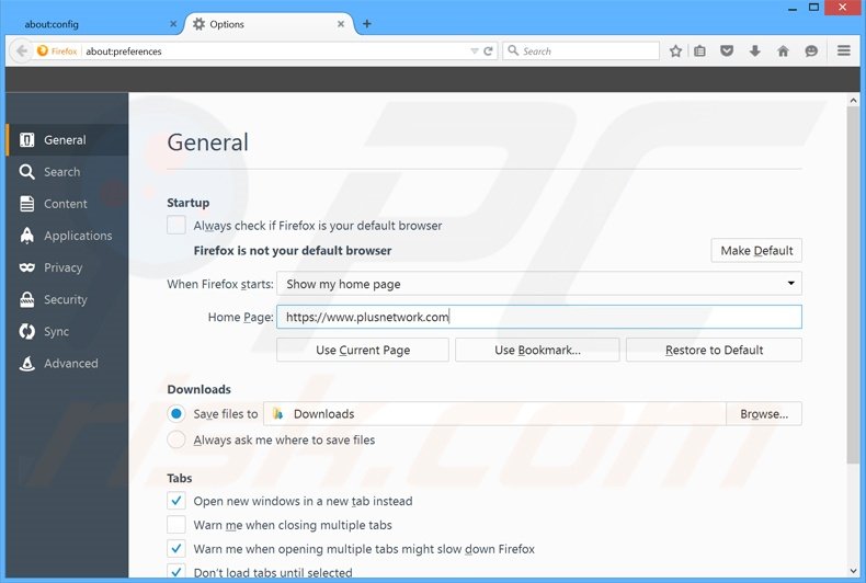 Eliminando plusnetwork.com de la página de inicio de Mozilla Firefox