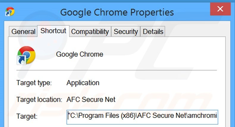 Eliminar search.protectedio.com del destino del acceso directo de Google Chrome paso 2