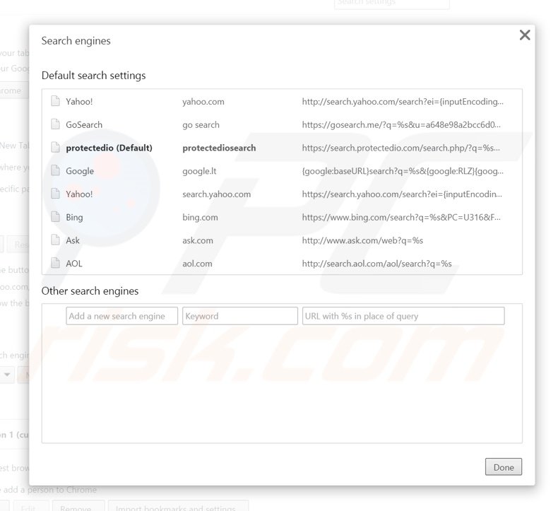 Eliminando search.protectedio.com del motor de búsqueda por defecto de Google Chrome
