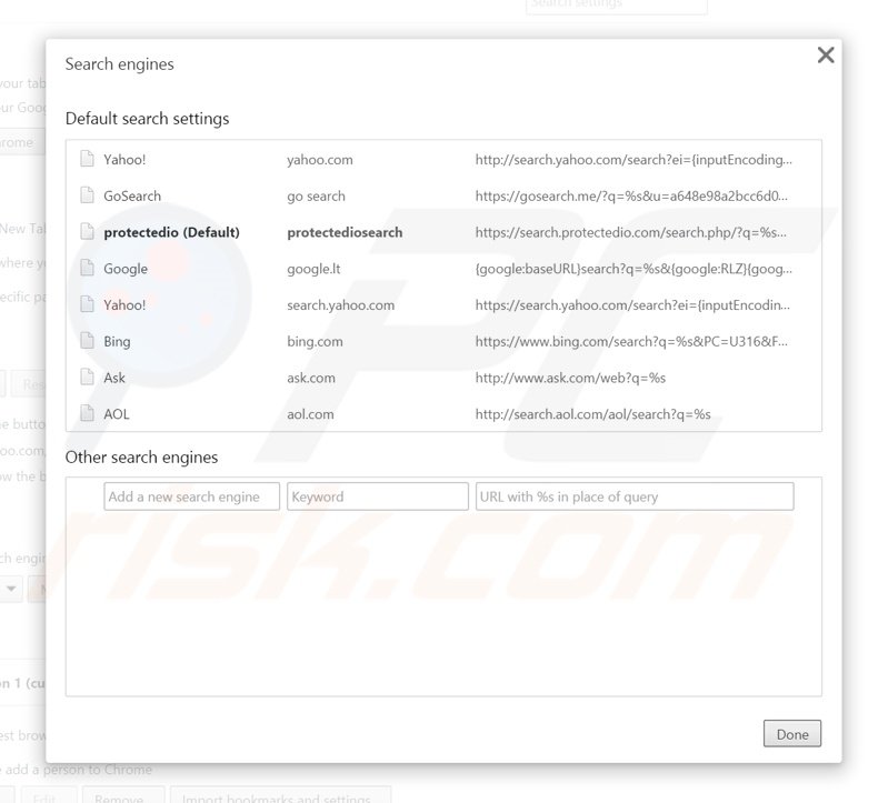 Eliminando search.protectedio.com del motor de búsqueda por defecto de Google Chrome