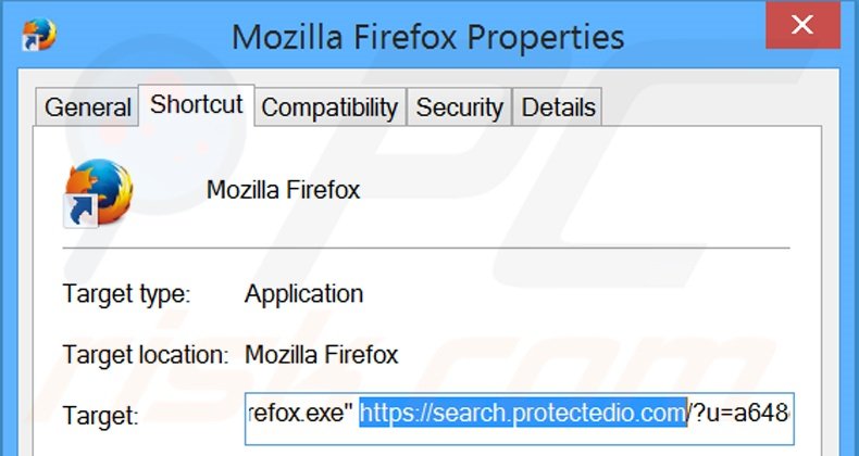 Eliminar search.protectedio.com del destino del acceso directo de Mozilla Firefox paso 2