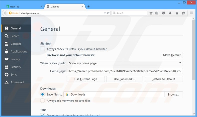 Eliminando search.protectedio.com de la página de inicio de Mozilla Firefox