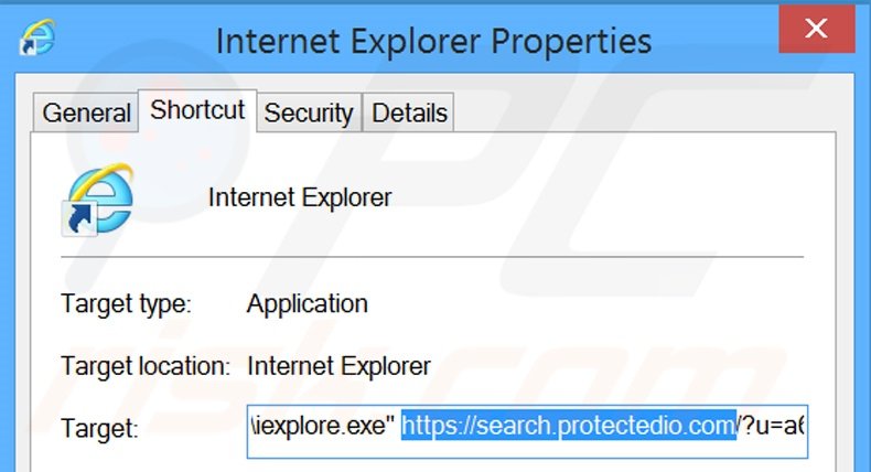 Eliminar search.protectedio.com del destino del acceso directo de Internet Explorer paso 2