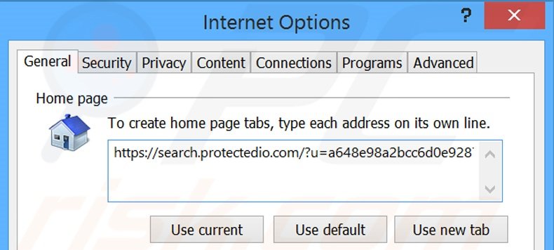 Eliminando search.protectedio.com de la página de inicio de Internet Explorer