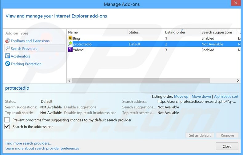 Eliminando search.protectedio.com del motor de búsqueda por defecto de Internet Explorer