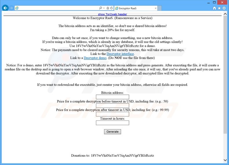 Sitio web del virus criptográfico RaaS: