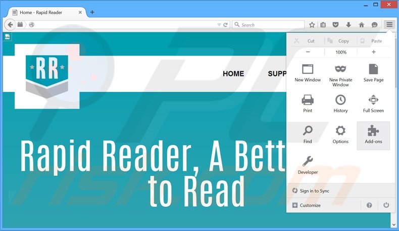 Eliminando los anuncios RapidReader de Mozilla Firefox paso 1