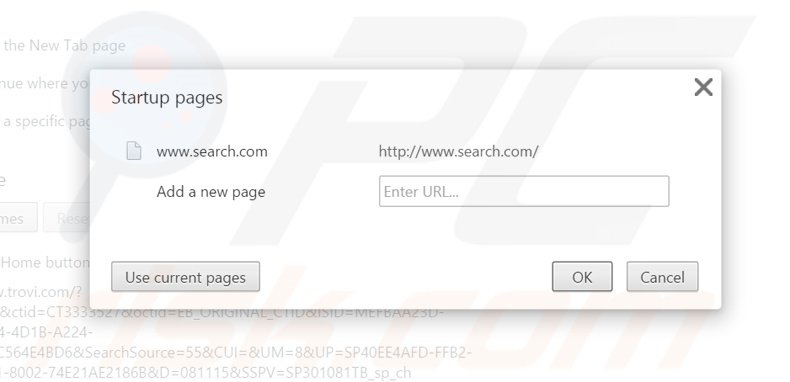 Eliminando search.com de la página de inicio de Google Chrome