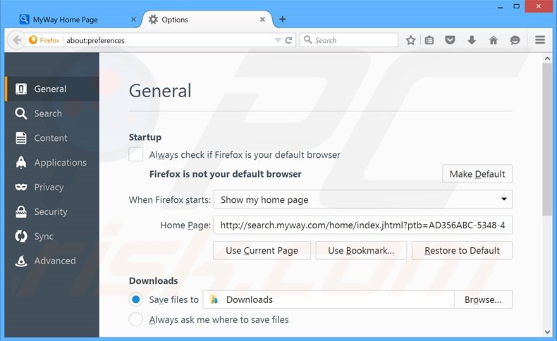 Eliminando search.myway.com de la página de inicio de Mozilla Firefox