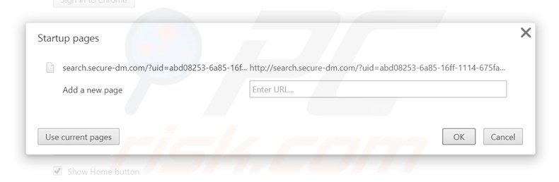 Eliminando search.secure-dm.com de la página de inicio de Google Chrome