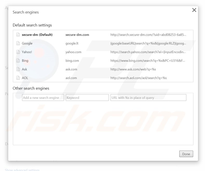 Eliminando search.secure-dm.com del motor de búsqueda por defecto de Google Chrome