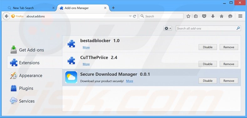 Eliminando search.secure-dm.com de las extensiones de Mozilla Firefox