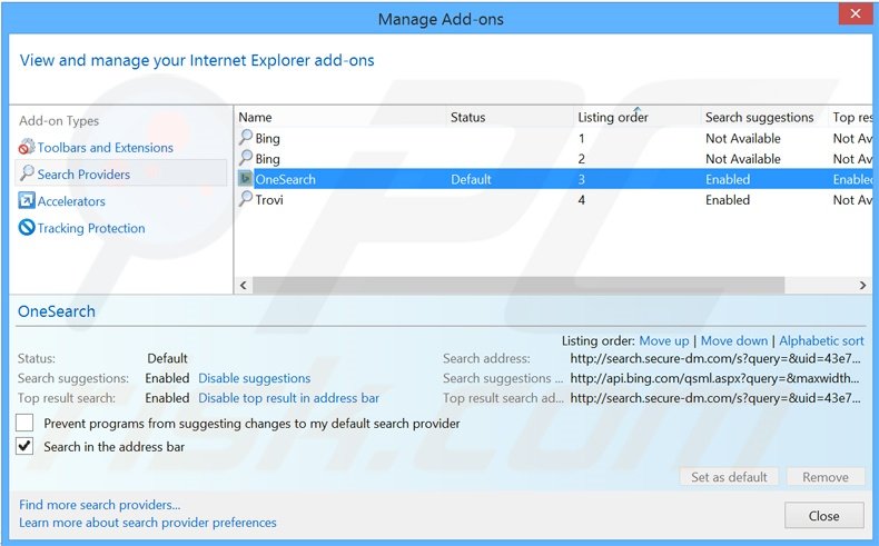 Eliminando search.secure-dm.com del motor de búsqueda por defecto de Internet Explorer