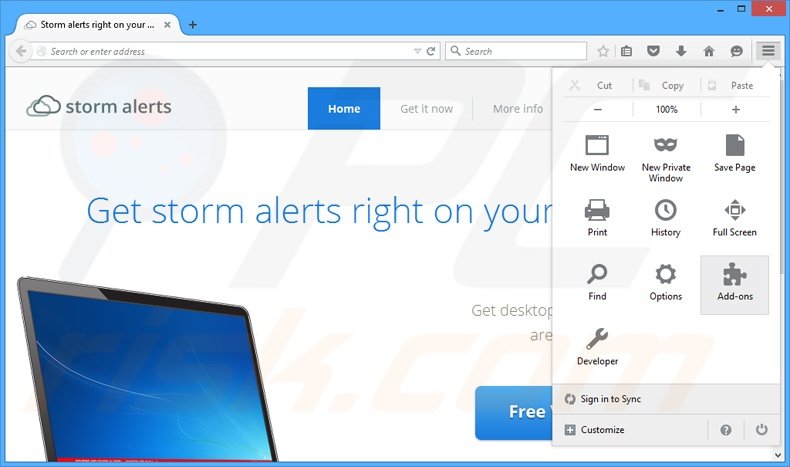 Eliminando los anuncios StormAlerts de Mozilla Firefox paso 1