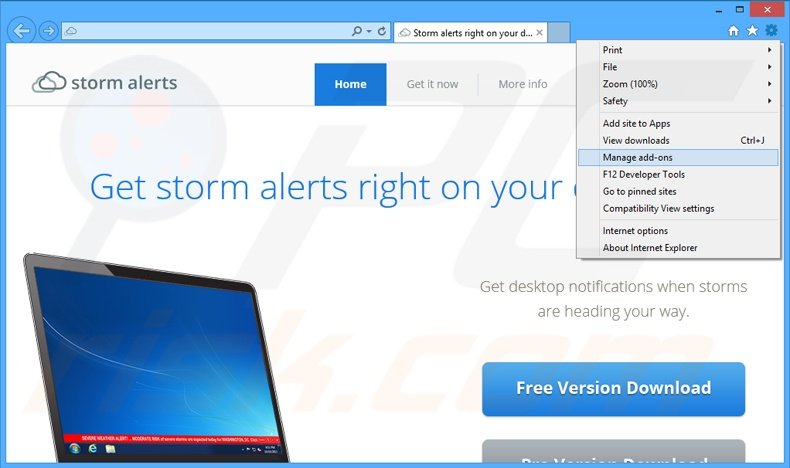 Eliminando los anuncios de StormAlerts de Internet Explorer paso 1