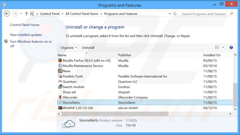 desinstalar el adware StormAlerts del Panel de control