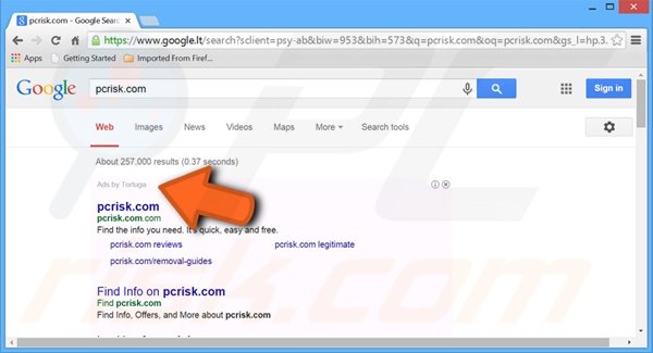 Anuncios de búsqueda web generados por el software publicitario Tortuga