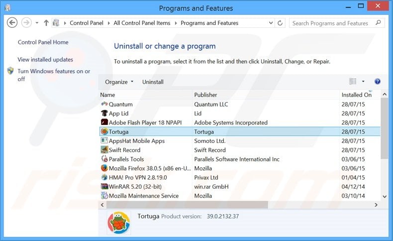 desinstalar el adware Tortuga del Panel de control