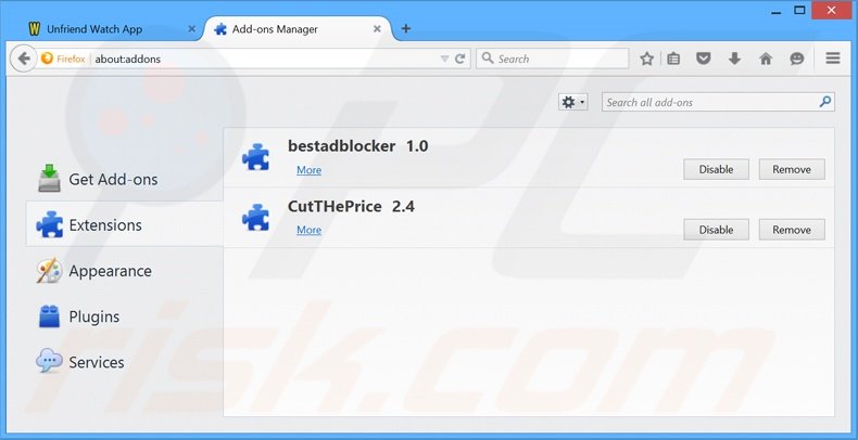 Eliminando los anuncios de Unfriend Watchde Mozilla Firefox paso 2