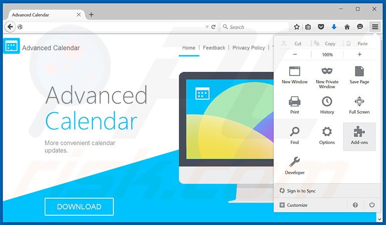 Eliminando los anuncios de Advanced Calendar de Mozilla Firefox paso 1