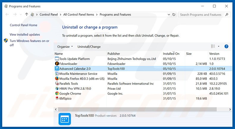 desinstalar el software publicitario Advanced Calendar del Panel de control