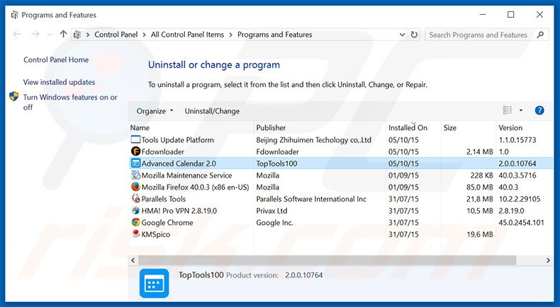 desinstalar el software publicitario Advanced Calendar del Panel de control