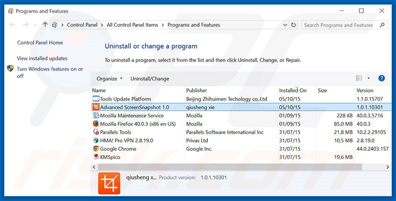 desinstalar el software publicitario Advanced ScreenSnapshot del Panel de control