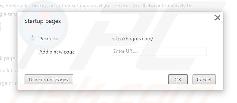 Eliminando bogots.com de la página de inicio de Google Chrome