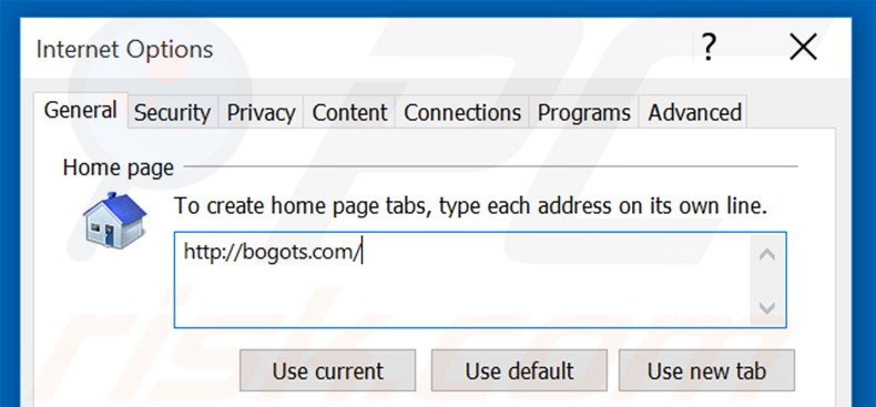 Eliminando bogots.com de la página de inicio de Internet Explorer