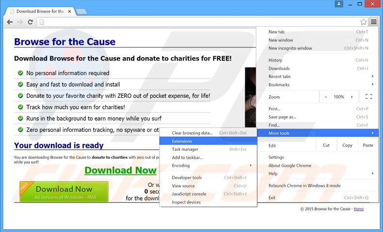 Eliminando los anuncios de Browse For The Cause de Google Chrome paso 1