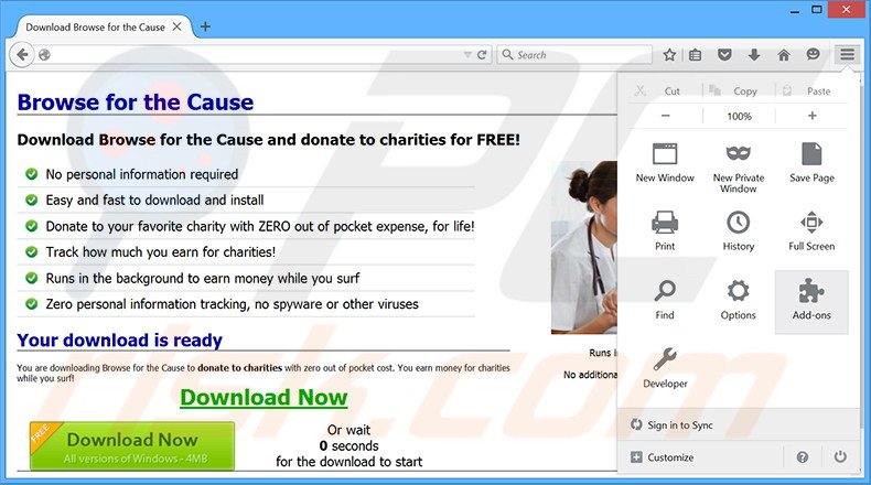 Eliminando los anuncios de Browse For The Cause de Mozilla Firefox paso 1