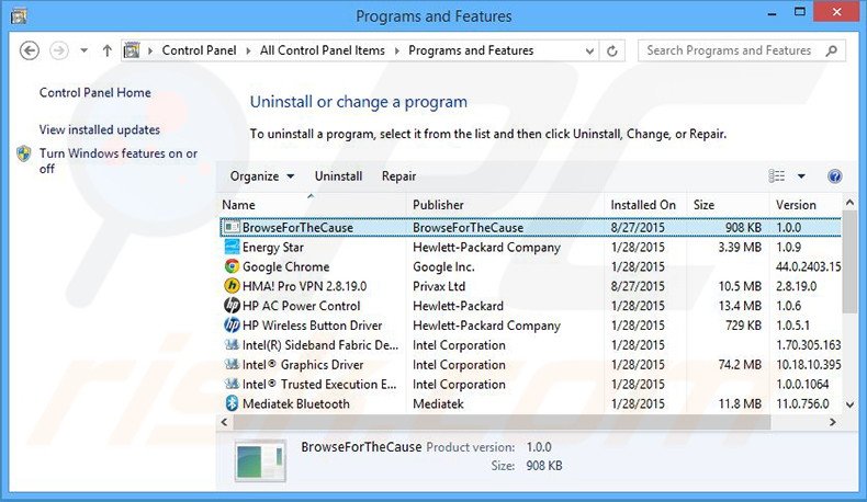 desinstalar el adware Browse For The Cause del Panel de control