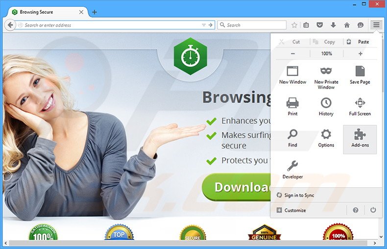 Eliminando los anuncios de Browsing Secure de Mozilla Firefox paso 1
