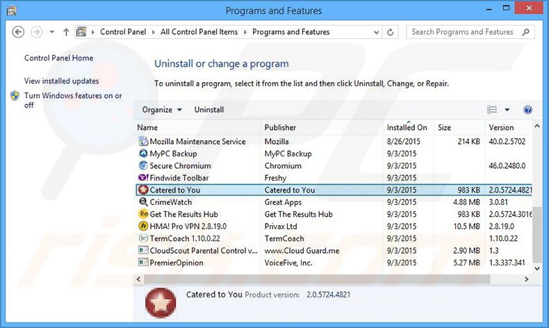 desinstalar el adware Catered to You del Panel de control