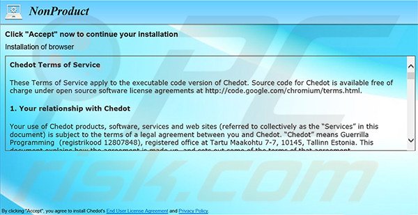 Instalador fraudulento usado para distribuir el navegador Chedot Browser