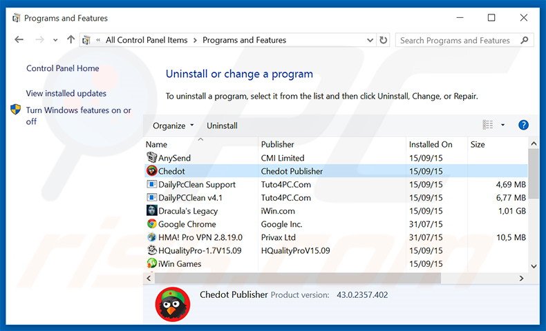 desinstalar el adware Chedot browser del Panel de control