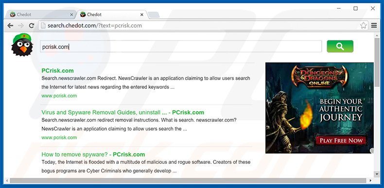 Chedot Browser abriendo sin permiso el sitio web de búsqueda search.chedot.com