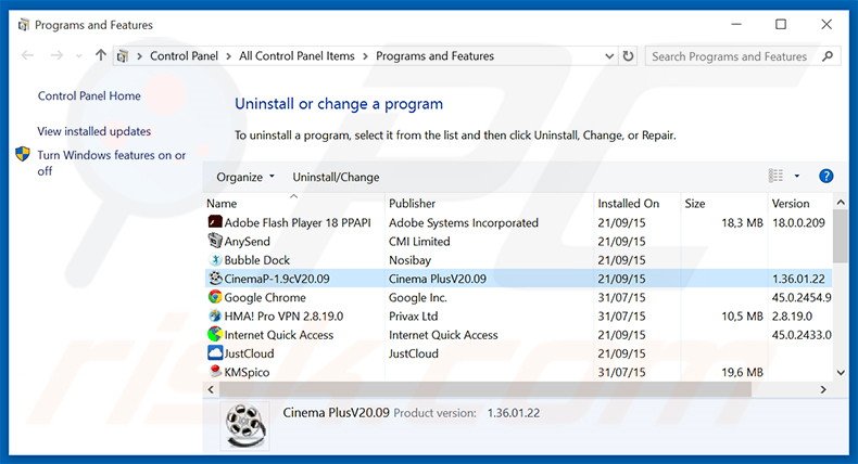 desinstalar el adware CinemaP del Panel de control