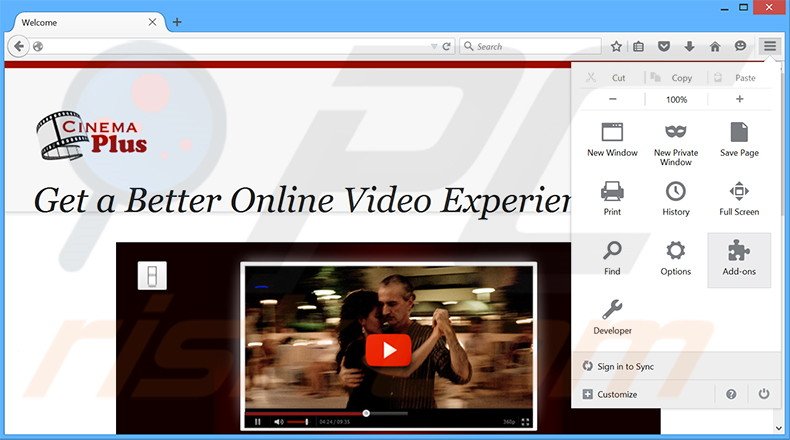 Eliminando los anuncios CinePlus de Mozilla Firefox paso 1