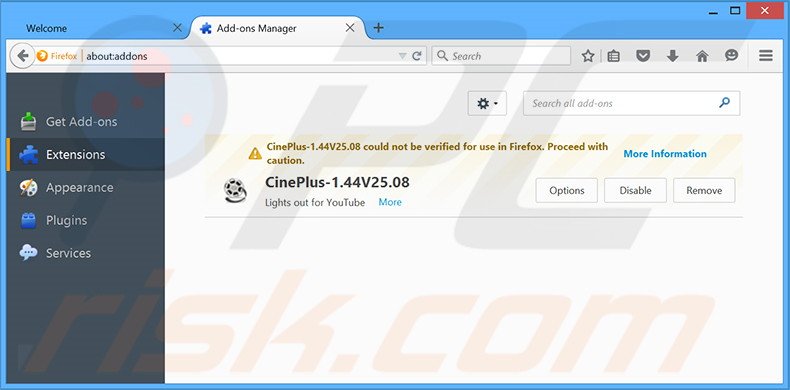 Eliminando los anuncios CinePlus de Mozilla Firefox paso 2