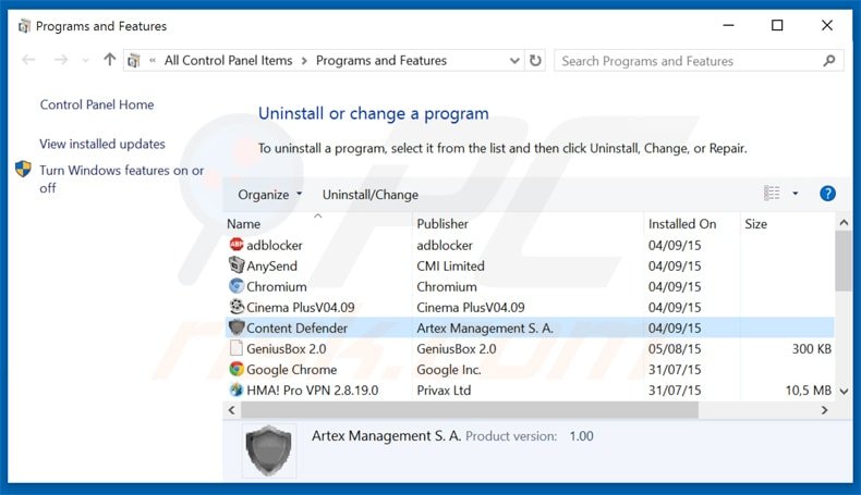 desinstalar el software publicitario content defender del Panel de control