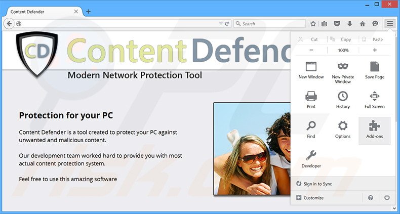 Eliminando los anuncios de Content Defender de Mozilla Firefox paso 1