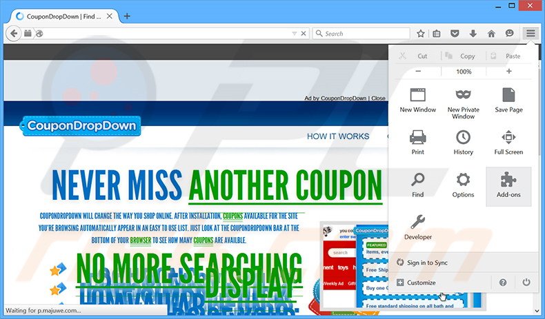 Eliminando los anuncios CouponDropDown de Mozilla Firefox paso 1