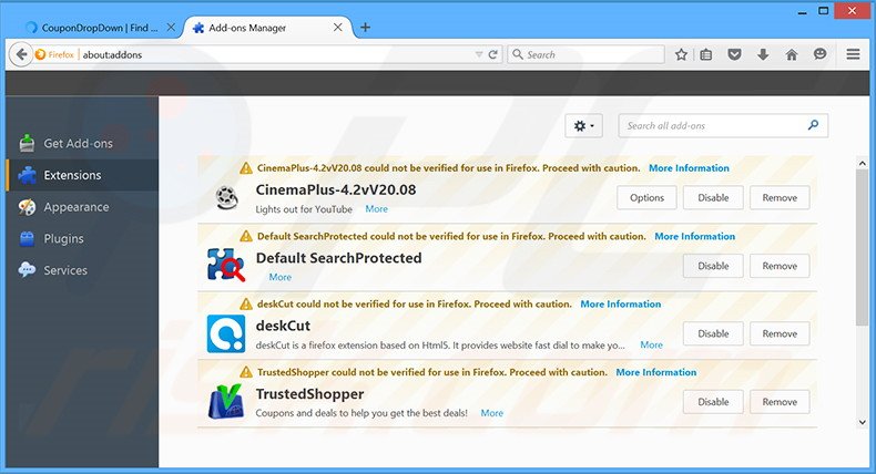 Eliminando los anuncios CouponDropDown de Mozilla Firefox paso 2