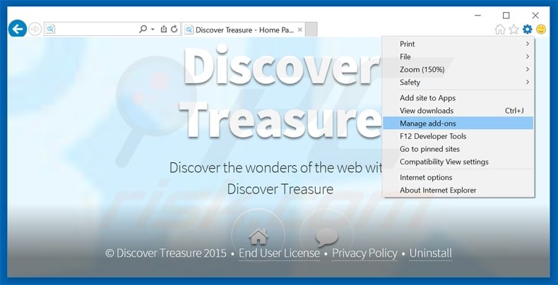 Eliminando el software publicitario discover treasure de Internet Explorer paso 1