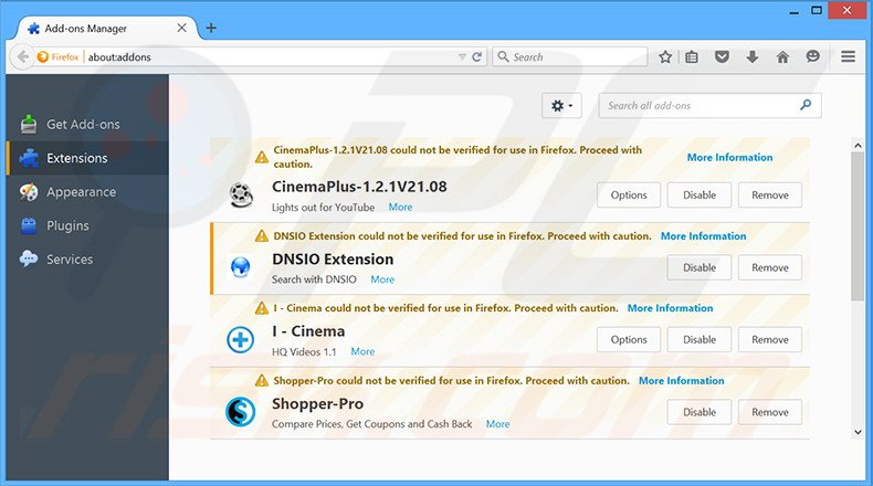 Eliminando dnsioweb.net de las extensiones de Mozilla Firefox