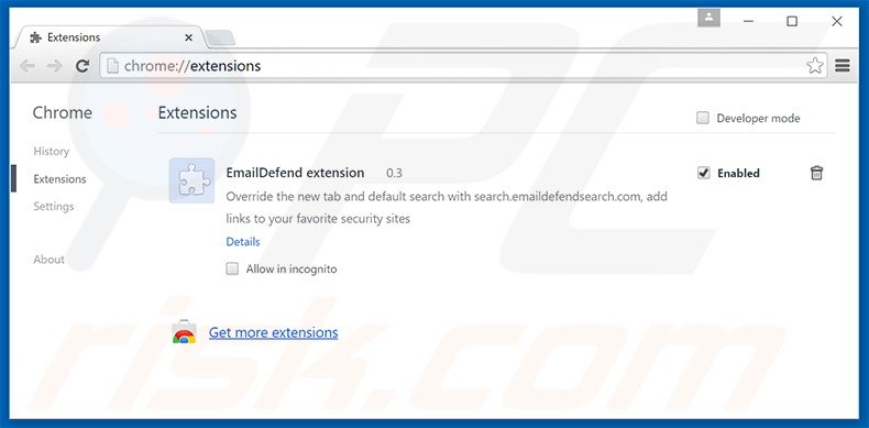 Eliminando las extensiones relacionadas con search.emaildefendsearch.com de Google Chrome