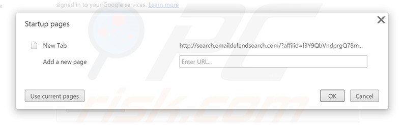 Eliminando search.emaildefendsearch.com de la página de inicio de Google Chrome