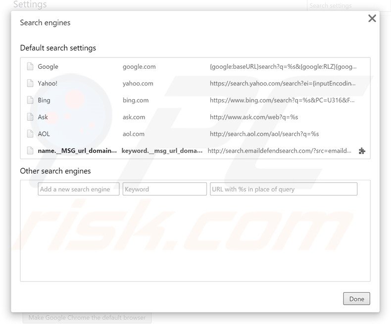 Eliminando search.emaildefendsearch.com del motor de búsqueda por defecto de Google Chrome