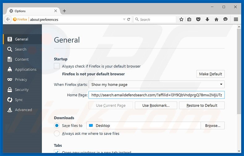 Eliminando search.emaildefendsearch.com de la página de inicio de Mozilla Firefox